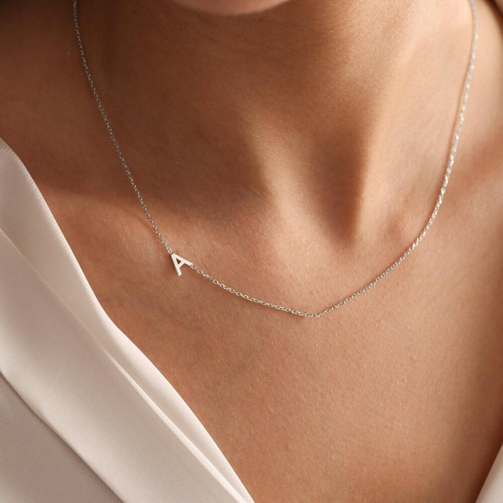 Silver Initial Necklace Sterling Silver Dainty Choker Personalized Gift - Picture 3 of 6